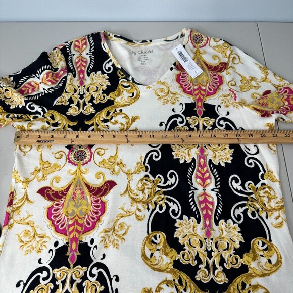 Chicos Scrolled Gold Scarf Tee Size XL 3 V-Neck Long Sleeve - Picture 8 of 12